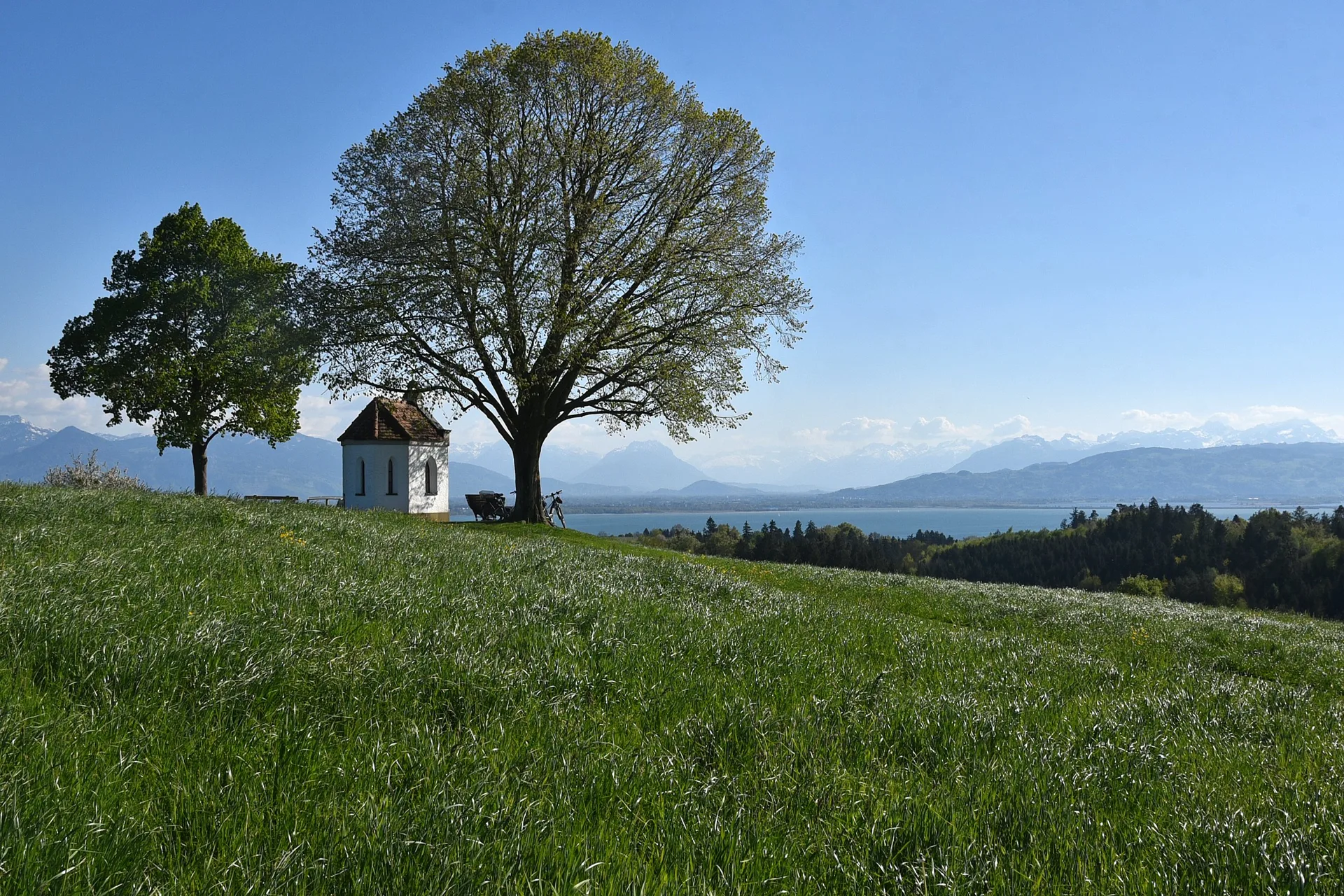 Kapelle auf der Weißensberger Halde mit Blick über den Bodensee auf die Schweizer Alpen