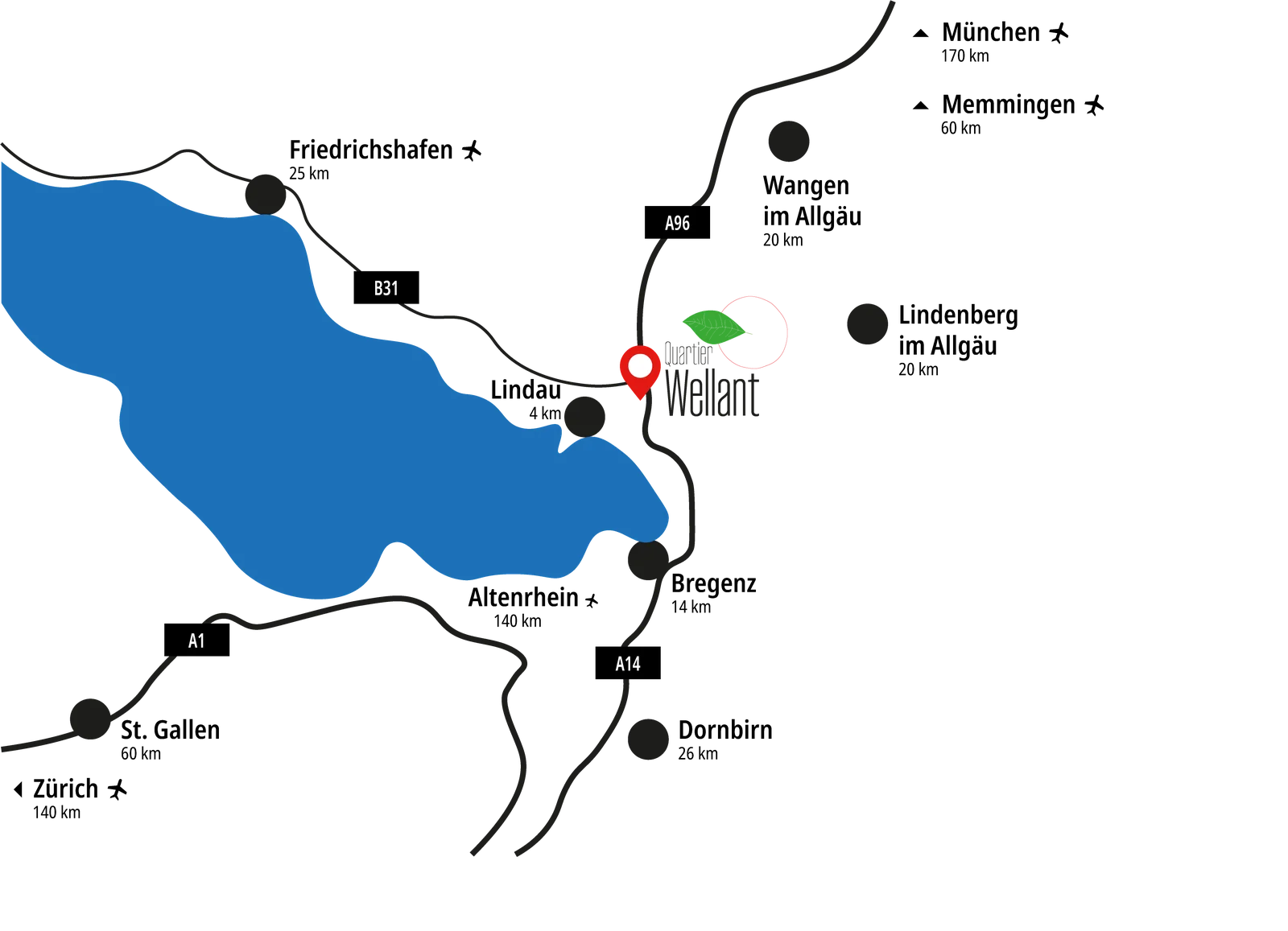 Karte: Lage von Weißensberg zwischen Lindau, Wangen, Lindenberg, Friedrichshafen und Bregenz