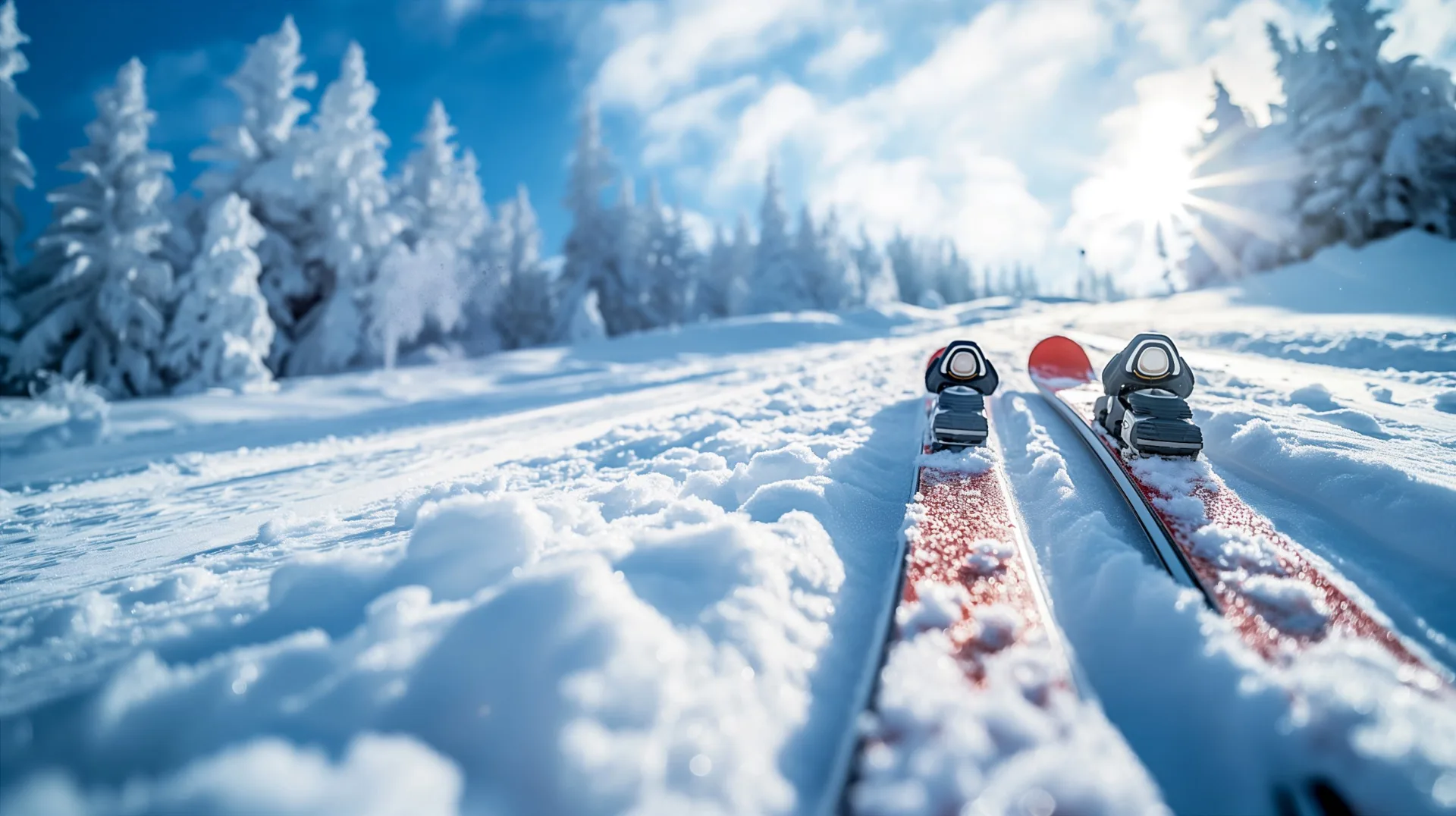 Rote Ski im Pulverschnee vor verschneiten Tannen